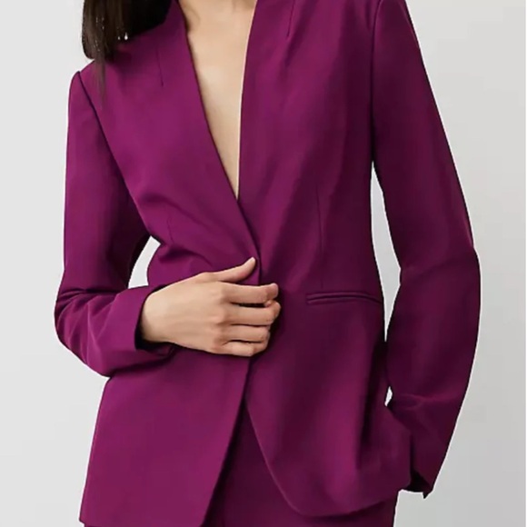 Ann Taylor The Petite Long Collarless Blazer Bi-Stretch Plum Burst 00P new - Picture 2 of 13